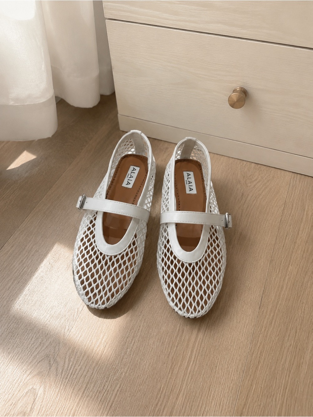 Alaia White Mesh Mary Jane Flats